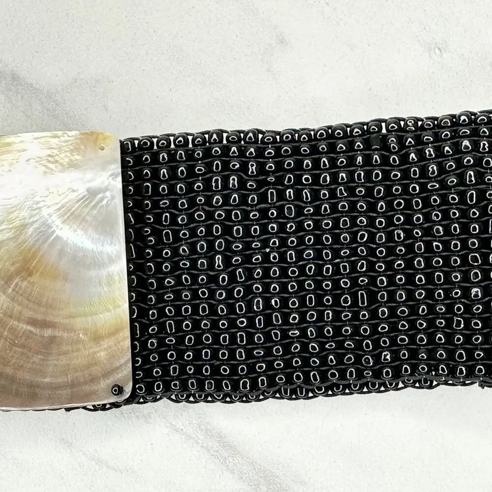 Abalone Shell Black Beaded Stretch Cinch Belt Womens OS ✨